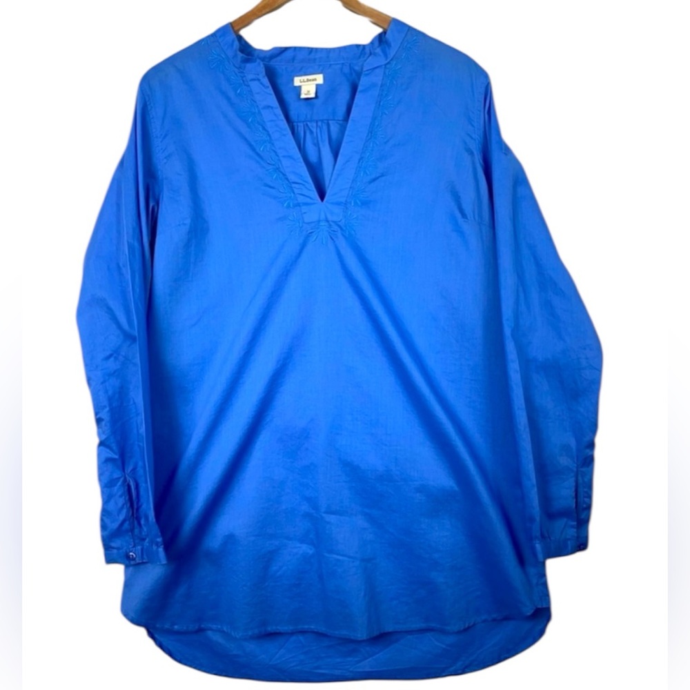 LL Bean Popover Top Med Blue Embroidered Tunic Boho Casual Cotton Delicate